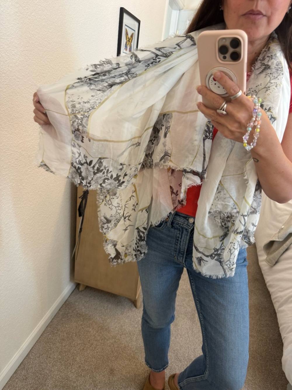 ALL SAINTS Floral Skeleton Print Scarf in White and Gray with Gold Accents NWT
